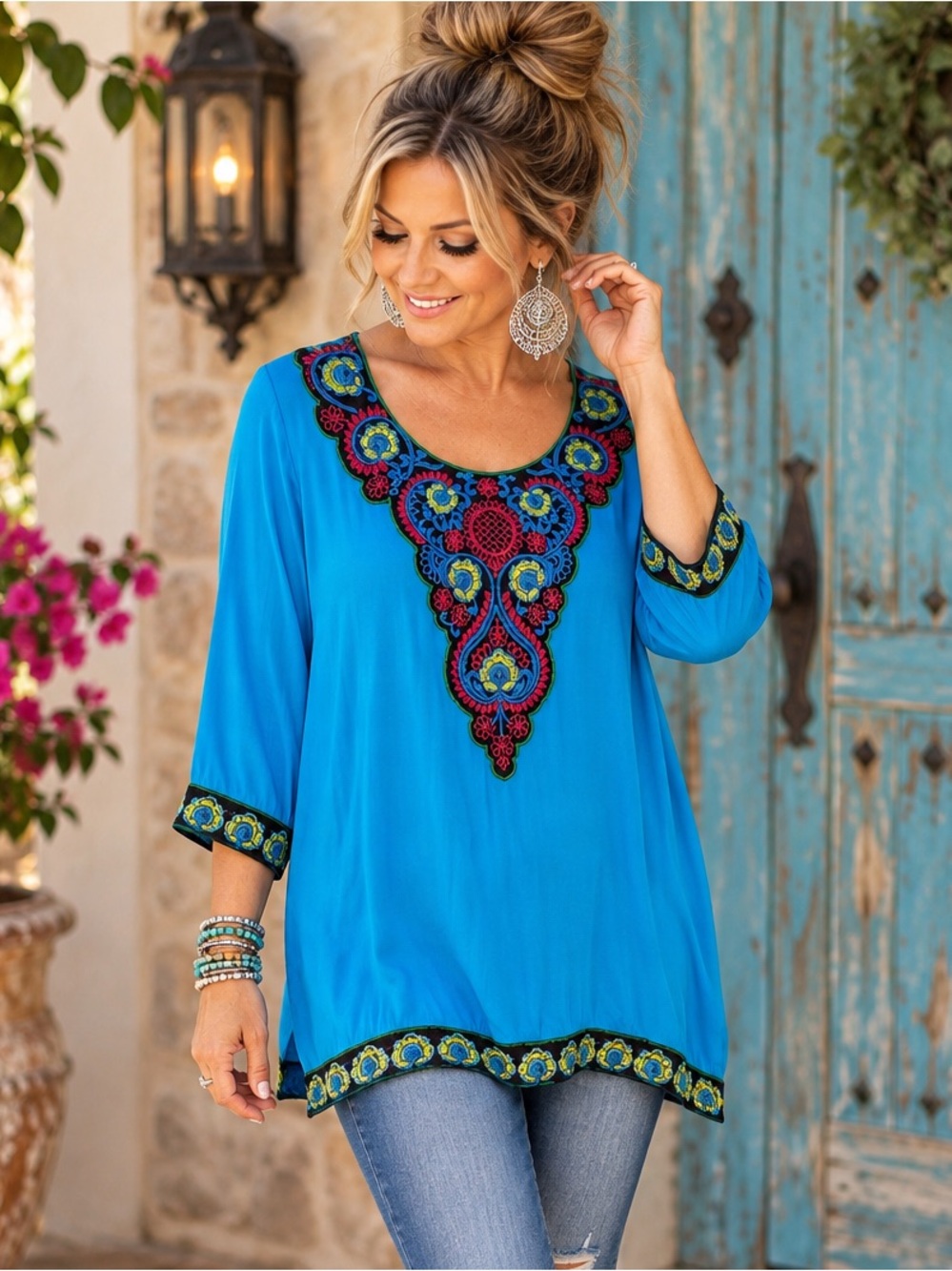 Anjili Blue Embroidered Boho Tunic Top 3/4 Sleeve Colorful Size 38